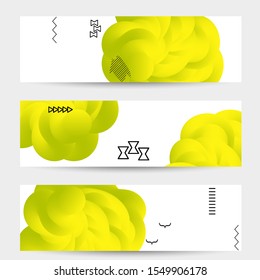 Bright colored sale banner templates with 3D liquid shape on white and simple black geometric shapes. Fluid color banners set. Creative 3D blend shapes dynamic composition.