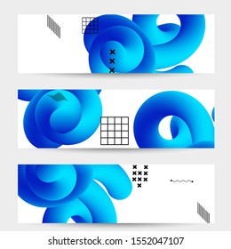 Bright colored sale banner templates with 3D liquid shape on white and simple black geometric shapes. Fluid color banners set. Creative 3D blend shapes dynamic composition.