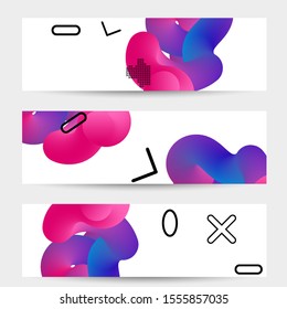 Bright colored sale banner templates with 3D liquid shape on white and simple black geometric shapes. Fluid color banners set. Creative 3D blend shapes dynamic composition.