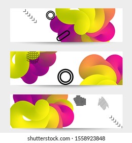 Bright colored sale banner templates with 3D liquid shape on white and simple black geometric shapes. Fluid color banners set. Creative 3D blend shapes dynamic composition.