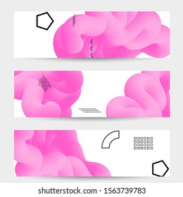 Bright colored sale banner templates with 3D liquid shape on white and simple black geometric shapes. Fluid color banners set. Creative 3D blend shapes dynamic composition.