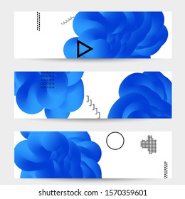 Bright colored sale banner templates with 3D liquid shape on white and simple black geometric shapes. Fluid color banners set. Creative 3D blend shapes dynamic composition.