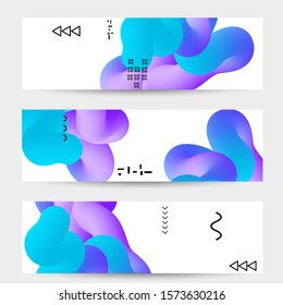 Bright colored sale banner templates with 3D liquid shape on white and simple black geometric shapes. Fluid color banners set. Creative 3D blend shapes dynamic composition.