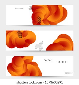 Bright colored sale banner templates with 3D liquid shape on white and simple black geometric shapes. Fluid color banners set. Creative 3D blend shapes dynamic composition.