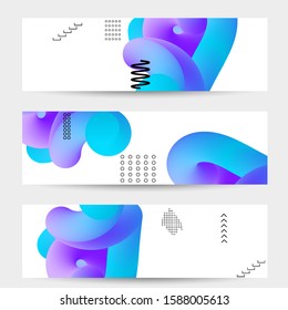 Bright colored sale banner templates with 3D liquid shape on white and simple black geometric shapes. Fluid color banners set. Creative 3D blend shapes dynamic composition.