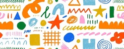 Bright Colored Seamless Banner Design Background With Charcoal Childish Shapes. Hand Drawn Pencil Doodles, Squiggles And Scribbles In Memphis Simple Style. Sketchy Colorful Seamless Pattern.