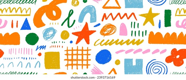 Bright colored seamless banner design background with charcoal childish shapes. Hand drawn pencil doodles, squiggles and scribbles in Memphis simple style. Sketchy colorful seamless pattern.