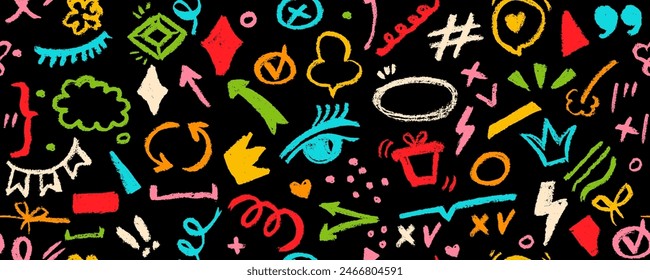 Bright colored seamless banner design background with charcoal childish shapes. Hand drawn pencil doodles, squiggles and scribbles in Memphis simple style. Sketchy colorful seamless pattern.