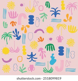 Bright colored seamless banner design background with charcoal childish shapes. Hand drawn pencil doodles, squiggles and scribbles in Memphis simple style. Sketchy colorful seamless pattern