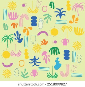 Bright colored seamless banner design background with charcoal childish shapes. Hand drawn pencil doodles, squiggles and scribbles in Memphis simple style. Sketchy colorful seamless pattern