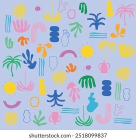 Helle farbige nahtlose Banner Design Hintergrund mit Holzkohle kindischen Formen. Handgezeichnete Bleistiftdoodles, Schnörkel und Kritzeleien im Memphis-Stil. Skizzenhaftes, buntes, nahtloses Muster