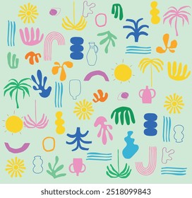 Fundo de design de banner sem costura colorido brilhante com formas infantis de carvão vegetal. Desenhado à mão rabiscos de lápis, rabiscos e rabiscos em estilo simples de Memphis. Padrão sem costura colorido crocante