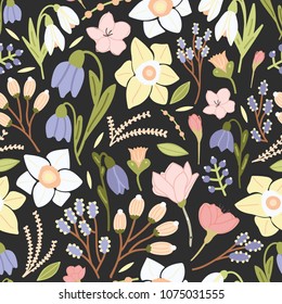 Bright colored seamless pattern with beautiful blooming flowers and inflorescences on black background. Botanical backdrop with flowering plants. Vector illustration for fabric print, wrapping paper