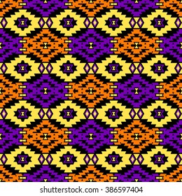 Bright colored seamless pattern in boho chic style. Abstract wallpaper with tribal aztec elements.