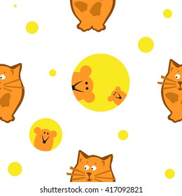 Bright colored seamless pattern with cat. Vector background for children's clothing, fabrics, packaging, Internet