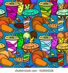 Bright colored seamless pattern in comic cartoon style. Vector illustration of sweets, soft drinks and pastry. Funny print template for textile, paper, bags, wrapping, etc.