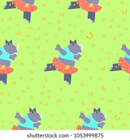 Bright colored seamless pattern with cute rhino dancer in classical tutu. Vector background.  Vector illustration eps 10