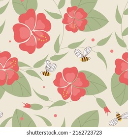 Bright colored seamless pattern with cute hibiscus flower and bee. Flat Art Vector Illustration