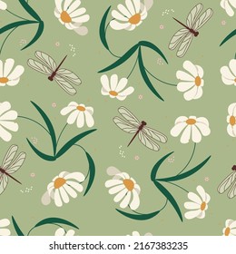 Bright colored seamless pattern with cute daisies flowers and dragonfly. Flat Art Vector Illustration