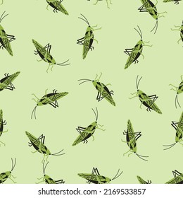 Bright colored seamless pattern with cute grasshopper on pastel color background suitable for fashion, textiles, surface textures, gift wrap, wallpaper. Flat Art Vector illustration.