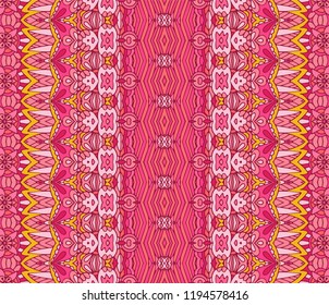 Bright colored seamless pattern with ethnic tribal ornament. Boho design. Pink geometric pattern. Folk stylized print template for paper and textile.