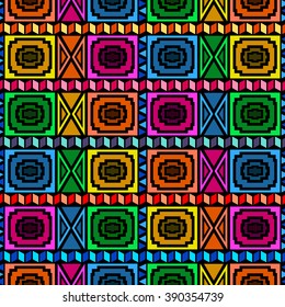Bright colored seamless pattern with ethnic aztec elements. Boho chic design.