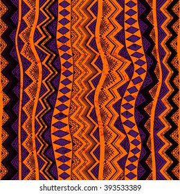 Bright colored seamless pattern with ethnic aztec ornament. Hand drawn boho style  wallpaper.