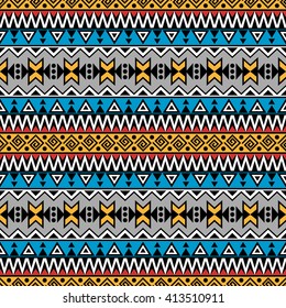 Bright colored seamless pattern with ethnic aztec ornament. Boho design. Aztec pattern. Folk stylized print template for paper and fabric. Summer fashion.