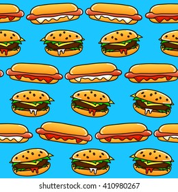 Bright colored seamless pattern with fast food. Vector illustration of hot dogs and hamburgers in comic cartoon style. Funny print template for fabric and paper.