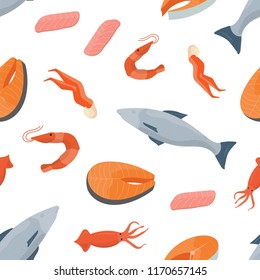 Bright colored seamless pattern with fish, salmon steaks, shrimps, squids and other types of seafood on white background. Backdrop with wholesome sea products. Flat cartoon vector illustration.