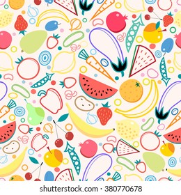 Bright colored seamless pattern fruits and vegetables. Vector illustration of a template for the design.
