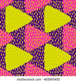 Bright colored seamless pattern with grungy triangles and strokes. Vector illustration
