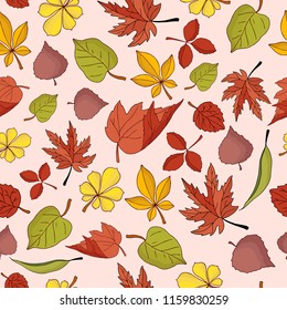 Bright colored seamless pattern with hand drawn yellow, orange, red, brown and green autumn leaves, vector illustration