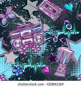Bright colored seamless pattern in hippie style. Abstract background with notes, music tape, retro boom box, drum, hearts, flowers and butterflies . Funny vector wallpaper with half tone effect.