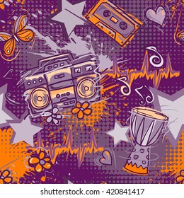 Bright colored seamless pattern in hippie style. Abstract background with notes, music tape, retro boom box, drum, hearts, flowers and butterflies . Funny vector wallpaper with half tone effect.