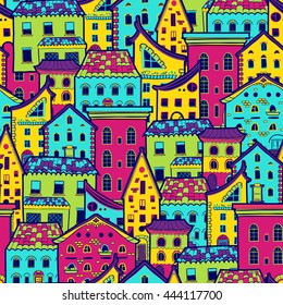 Bright colored seamless pattern with houses, doodle house vector background, cute colorful houses in cartoon style, EPS 8