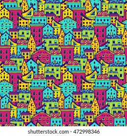 Bright colored seamless pattern with houses, doodle house vector background, cute colorfull houses in cartoon style, EPS 8