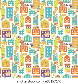 Bright colored seamless pattern with houses, doodle house vector background, cute colorful houses in cartoon style, EPS 8