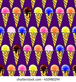 Bright colored seamless pattern with ice-cream. Gradient colored vector background in comic cartoon style. Funny print template for paper and textile.