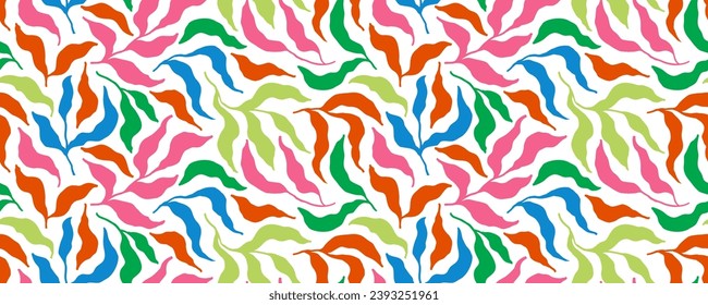 Bright colored seamless pattern with long leaves silhouettes on twigs. Hand drawn modern style background. Random childish doodle tropical leaves. Colored brush botanical vector silhouettes.