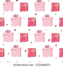 Bright colored seamless pattern on a white background. Gift box with bows and tied with ribbons isolated on white background. Doodle illustration. For design holiday banner. Vector illustration.