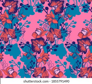 Bright colored seamless pattern with Orchids, Phalaenopsis flowers on purple background. Hand drawn graphic with contours and silhouettes of flowers. Vector illustration.