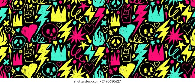 Bright colored seamless pattern with punk grunge elements. Crayon drawn lightnings, crowns, arrows and sculls. Hand drawn doodle grunge seamless banner design with quirky icons.