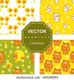 Bright colored seamless pattern set with cat and mouse. Vector background for children's clothing, fabrics, packaging, Internet