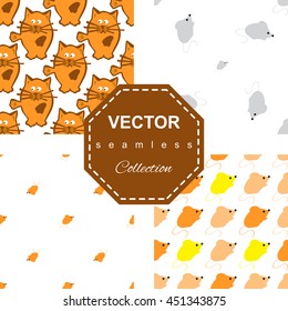 Bright colored seamless pattern set with cat and mouse. Vector background for children's clothing, fabrics, packaging, Internet