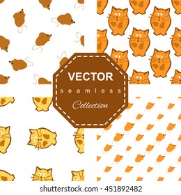 Bright colored seamless pattern set with cat and mouse. Vector background for children's clothing, fabrics, packaging, Internet