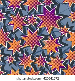 Bright colored seamless pattern with the stars and half tone effect. Graffiti style abstract background. Grunge vector wallpaper.