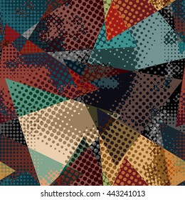 Bright colored seamless pattern in urban style. Graffiti stylized abstract wallpaper with grunge effect and geometrical ornament.