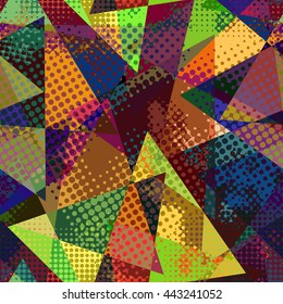 Bright colored seamless pattern in urban style. Graffiti stylized abstract wallpaper with grunge effect and geometrical ornament.