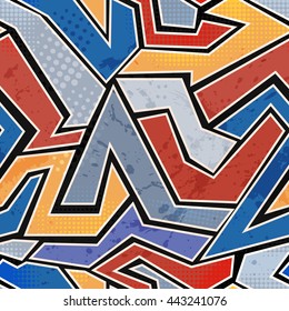 Bright colored seamless pattern in urban style. Graffiti stylized abstract wallpaper with grunge effect and geometrical ornament.